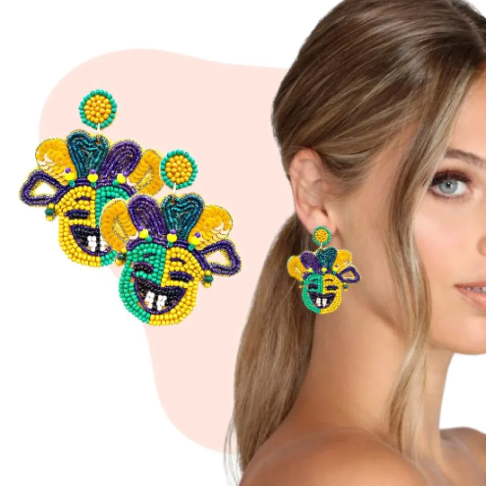 Mardi Gras Mask Statement Beaded Gift Earrings - Picture 1 of 2